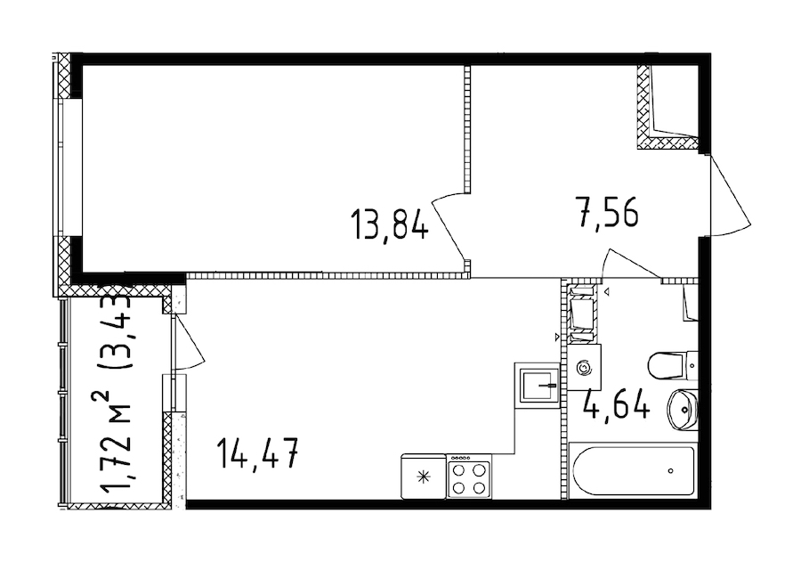 1-комнатная квартира 40.51 м², 13/14 эт., ЖК «Чёрная речка»